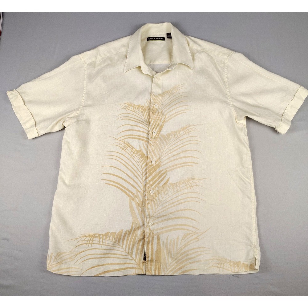 Cubavera Mens XL Hawaiian Camp Shirt Linen Short Sleeve Tropical Palm Leaf Beach